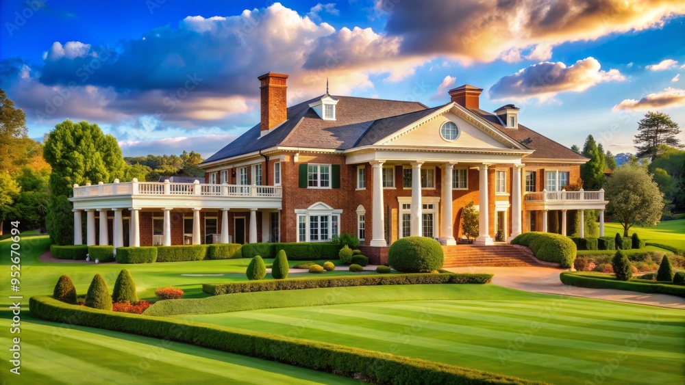 Elegant brick clubhouse with stately columns and manicured gardens overlooks lush green fairways and rolling hills of a prestigious golf course on a sunny day. Elegant brick clubhouse with stately columns and manicured gardens overlooks lush green fairways and rolling hills of a prestigious golf course on a sunny day.