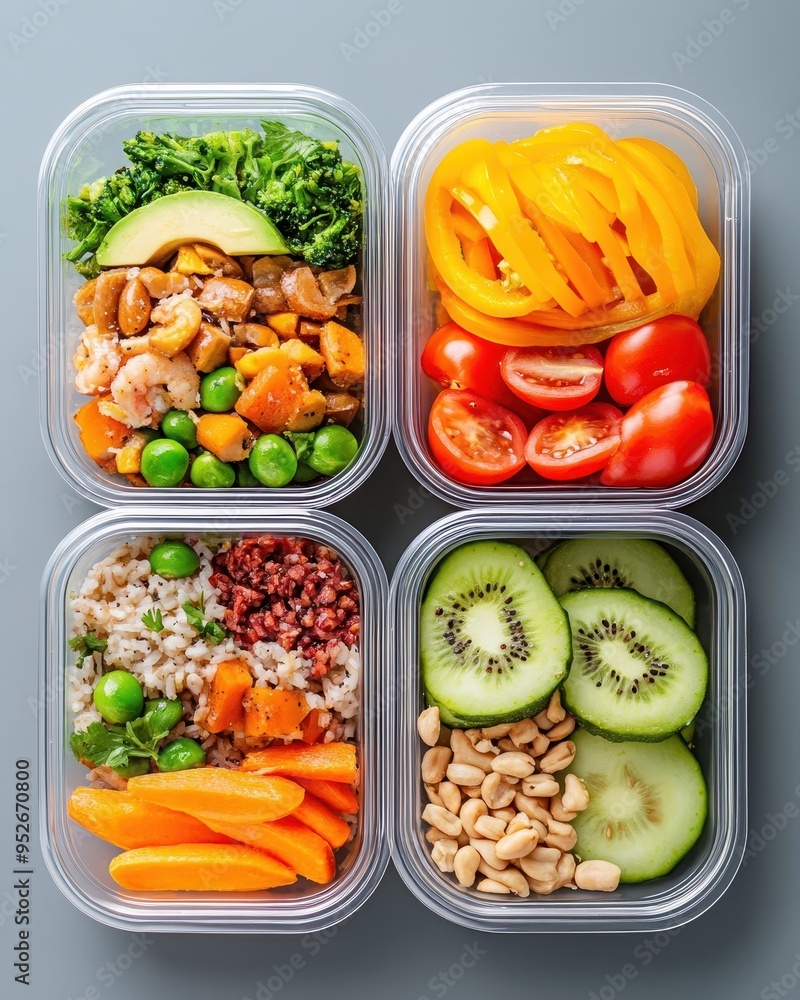 Healthy meal prep containers with colorful vegetables, grains, and nuts, perfect for nutritious lunches. Healthy meal prep containers with colorful vegetables, grains, and nuts, perfect for nutritious lunches.