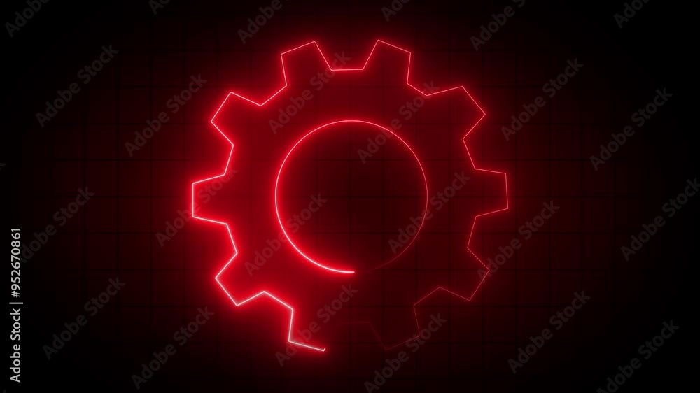 Glowing neon setting icon, red color settings icon, Technology setting icon on black background. Industry and technology concept, red color neon glowing Animation of seamless loop.