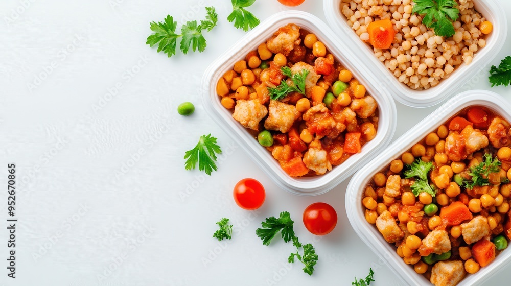 Healthy meal prep featuring colorful dishes with meat, vegetables, and grains, perfect for balanced nutrition and convenient dining. Healthy meal prep featuring colorful dishes with meat, vegetables, and grains, perfect for balanced nutrition and convenient dining.