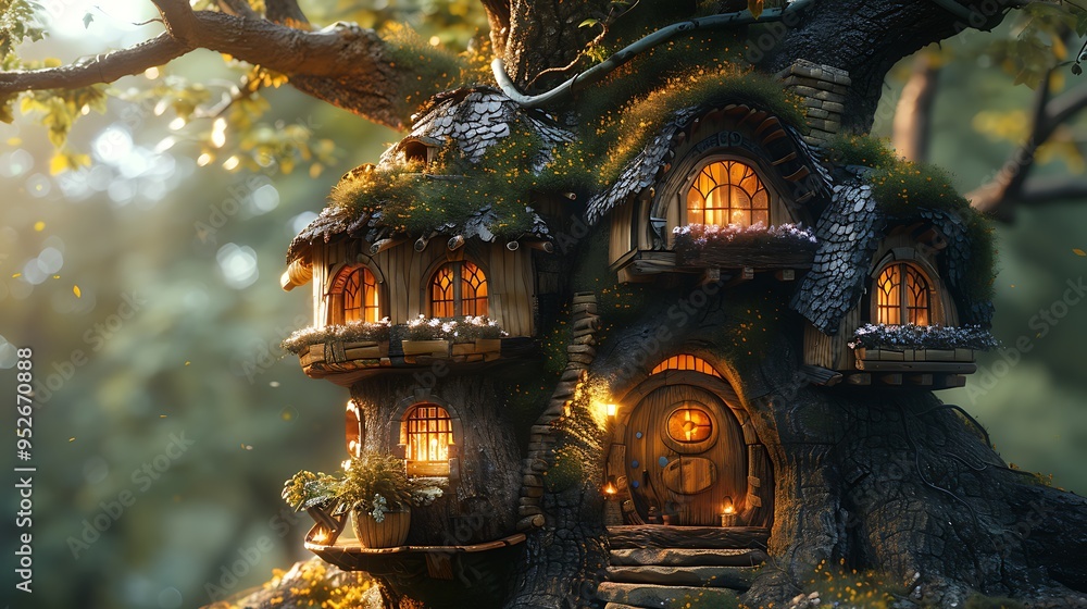 Obraz premium A magical treehouse with glowing windows nestled in the branches of a large, mossy tree.
