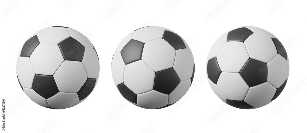 Three soccer balls are aligned in a row, displayed against a white background. The image features a closeup view of the balls, showcasing their details. 3D Rendering Three soccer balls are aligned in a row, displayed against a white background. The image features a closeup view of the balls, showcasing their details. 3D Rendering