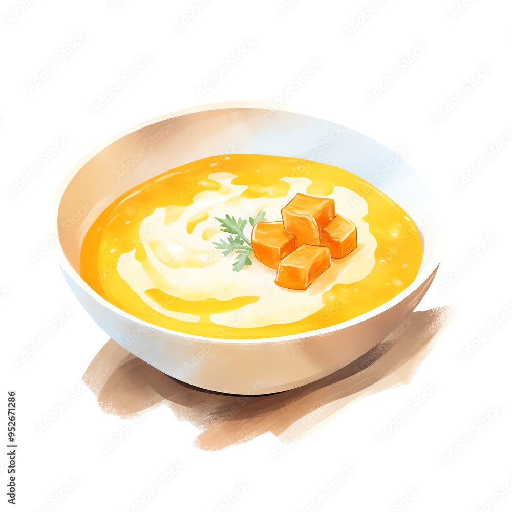 A delicious bowl of creamy pumpkin soup, garnished with croutons and a sprig of parsley, served in a white bowl. A delicious bowl of creamy pumpkin soup, garnished with croutons and a sprig of parsley, served in a white bowl.