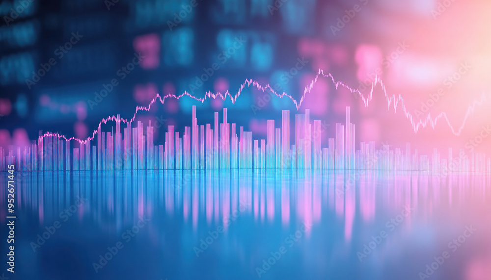 Stock market chart showing growing trends with cityscape reflection