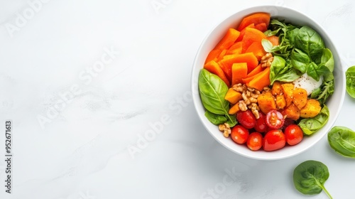 Vibrant salad bowl filled with fresh vegetables, greens, and nuts on a marble countertop, perfect for healthy lifestyle imagery.