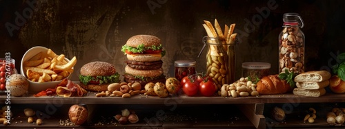 Hearty meal with burgers, fries, and various snacks on a wooden table