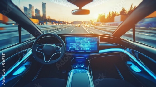 Experience the future of travel with showcasing an autonomous vehicle's sleek interior gliding through a tree-lined road, with no driver at the wheel