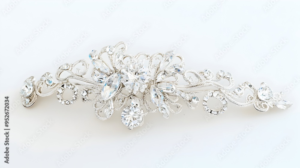 Delicate Silver Filigree Hairclip Adorned with Iridescent Sparkling Gems on Pristine White Backdrop Delicate Silver Filigree Hairclip Adorned with Iridescent Sparkling Gems on Pristine White Backdrop