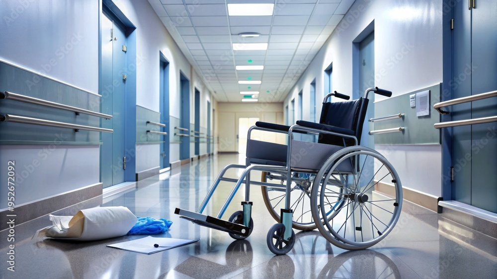 Empty hospital corridor with a wheelchair and a stretcher against the wall, with a fallen crutch and a scattered bunch of medical files on the floor. Empty hospital corridor with a wheelchair and a stretcher against the wall, with a fallen crutch and a scattered bunch of medical files on the floor.