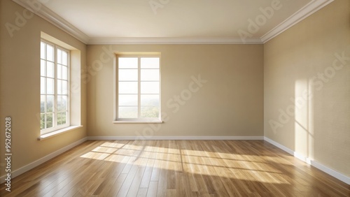 Empty beige room with plain white walls, light brown wooden floor, and minimal natural light filtering through the simplistic window frame.