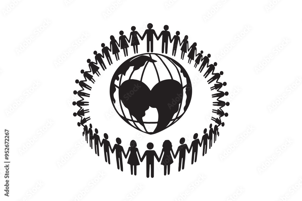 Silhouette design of diverse people holding hands in a circle or forming a unified shape like a heart or globe Silhouette design of diverse people holding hands in a circle or forming a unified shape like a heart or globe