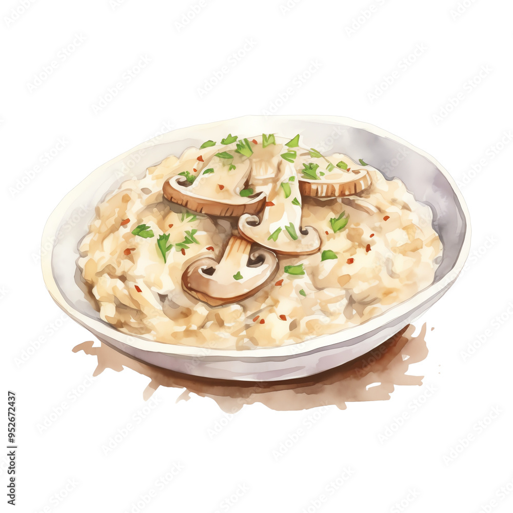 Delicious creamy mushroom risotto garnished with parsley in a bowl. A perfect Italian comfort food dish. Delicious creamy mushroom risotto garnished with parsley in a bowl. A perfect Italian comfort food dish.