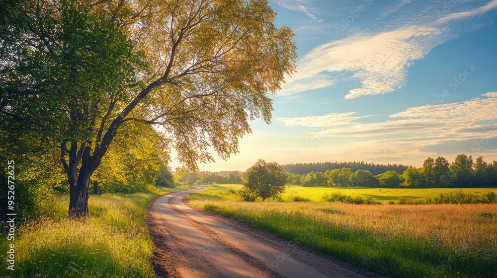 Naklejka premium Country Road Winding Through Lush Green Fields and Trees Under a Sunny Sky