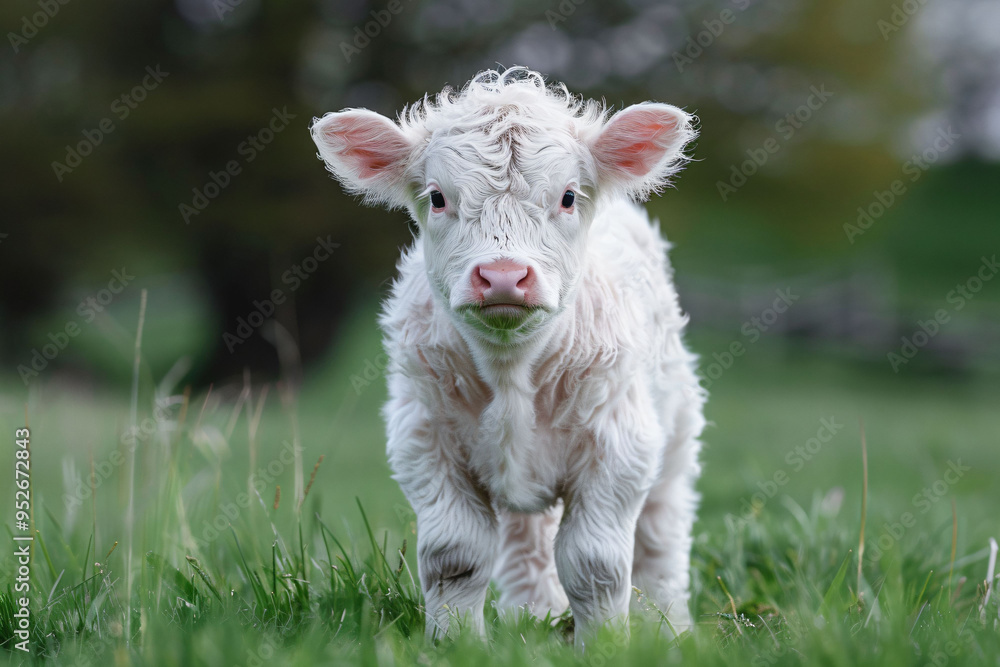 Naklejka premium a white cow standing in a field of grass