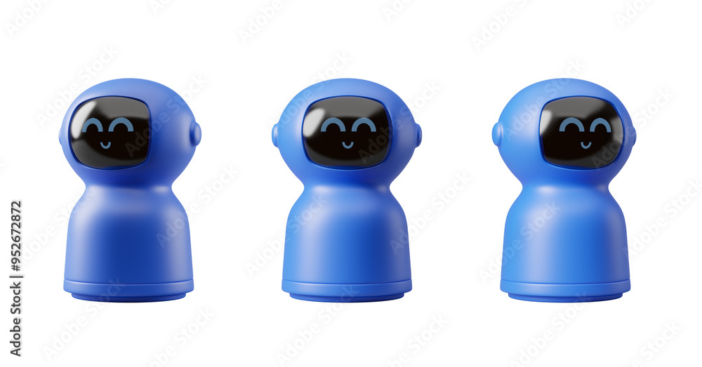 Fototapeta premium Three cute blue robots with smiling faces on a white background. The robots have rounded shapes and digital faces displaying smiles. Concept of friendly technology and robotics. 3D Rendering
