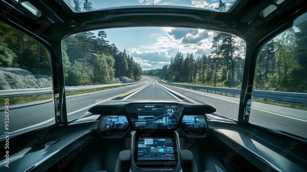 Experience the future of travel with showcasing an autonomous vehicle's sleek interior gliding through a tree-lined road, with no driver at the wheel Experience the future of travel with showcasing an autonomous vehicle's sleek interior gliding through a tree-lined road, with no driver at the wheel