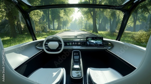 Experience the future of travel with showcasing an autonomous vehicle's sleek interior gliding through a tree-lined road, with no driver at the wheel