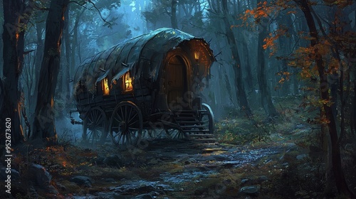 Rickety Fantasy Vardo Parked in a Dark Creepy Forest Concept Art