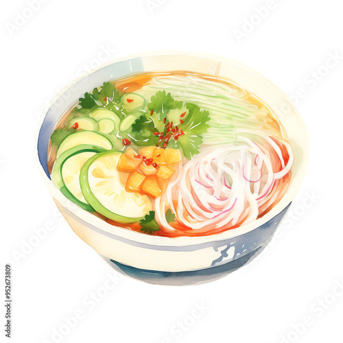 A colorful bowl of ramen soup garnished with vegetables, herbs, and noodles, capturing the essence of Asian cuisine. photo