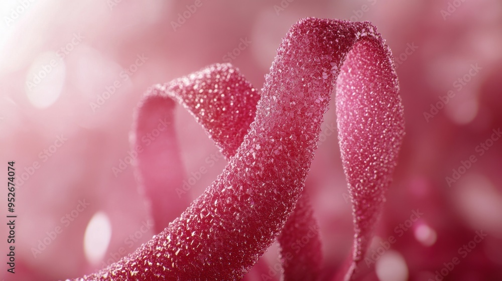 Pink ribbon covered in sugar crystals with a soft-focus background Pink ribbon covered in sugar crystals with a soft-focus background
