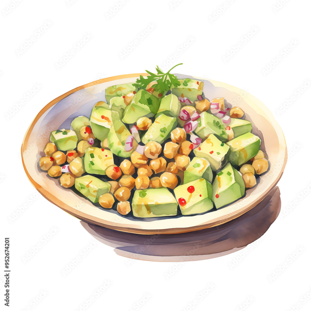 Delicious fresh avocado chickpea salad in a ceramic bowl, garnished with red onion, herbs, and spices, perfect for a healthy meal. Delicious fresh avocado chickpea salad in a ceramic bowl, garnished with red onion, herbs, and spices, perfect for a healthy meal.
