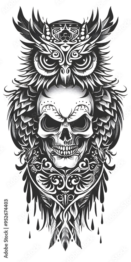 Fototapeta premium Tribal Skull and Owl tattoo flash styles illustration