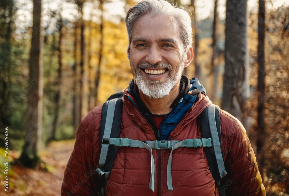 Senior man hiking in the forest in autumn Senior man hiking in the forest in autumn