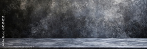 A gray table or an abandoned loft with a stained wall, black cement, and a dark concrete texture floor for a house's interior or exterior with an aged architectural backdrop, wallpaper