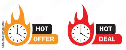 Hot deal banner set. Special and limited offer. Promo sticker with stopwatch and fire. Sale countdown badge. Vector illustration.