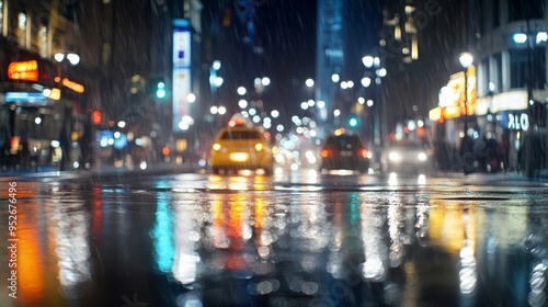 Fototapeta Naklejka Na Ścianę i Meble -  Light rain falling on a city street at night wet weather