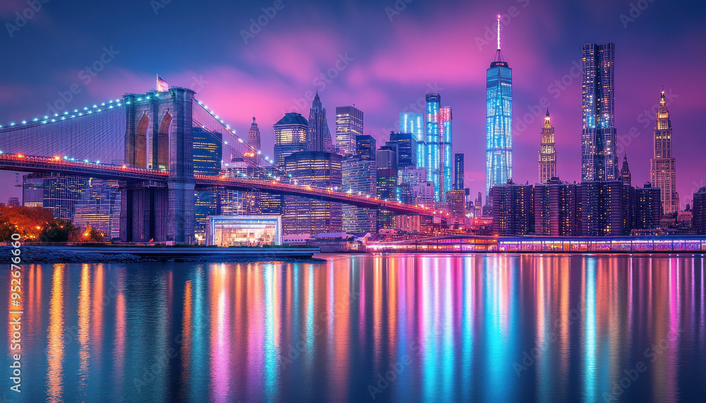 Obraz premium Brooklyn bridge and manhattan skyline reflecting on east river at night