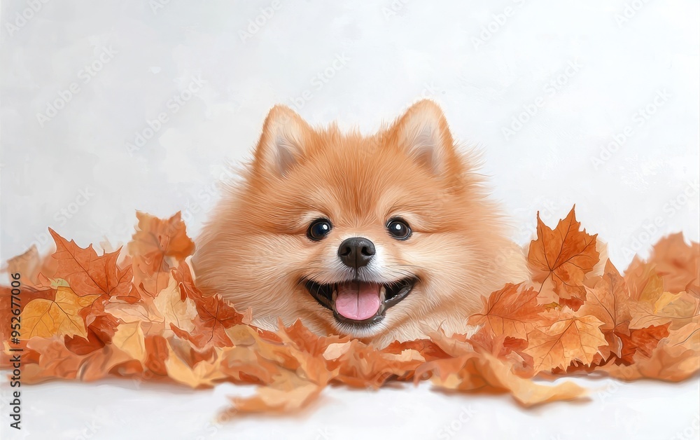 Obraz premium An adorable Pomeranian dog nestled among vibrant autumn leaves, capturing the essence of fall joy and cuteness.