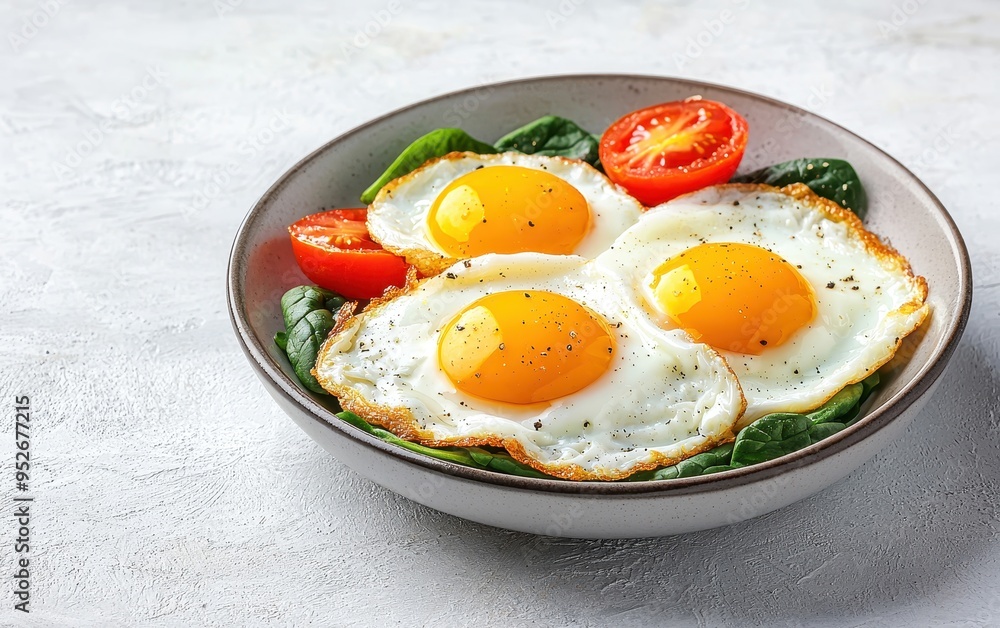 Delicious fried eggs served with fresh spinach and tomatoes in a stylish bowl, perfect for a healthy breakfast. Delicious fried eggs served with fresh spinach and tomatoes in a stylish bowl, perfect for a healthy breakfast.