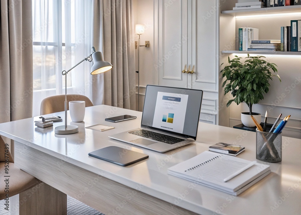 A modern laptop sits atop a pristine white desk amidst a tidy arrangement of papers, business cards, and a pen holder, projecting a professional atmosphere. A modern laptop sits atop a pristine white desk amidst a tidy arrangement of papers, business cards, and a pen holder, projecting a professional atmosphere.