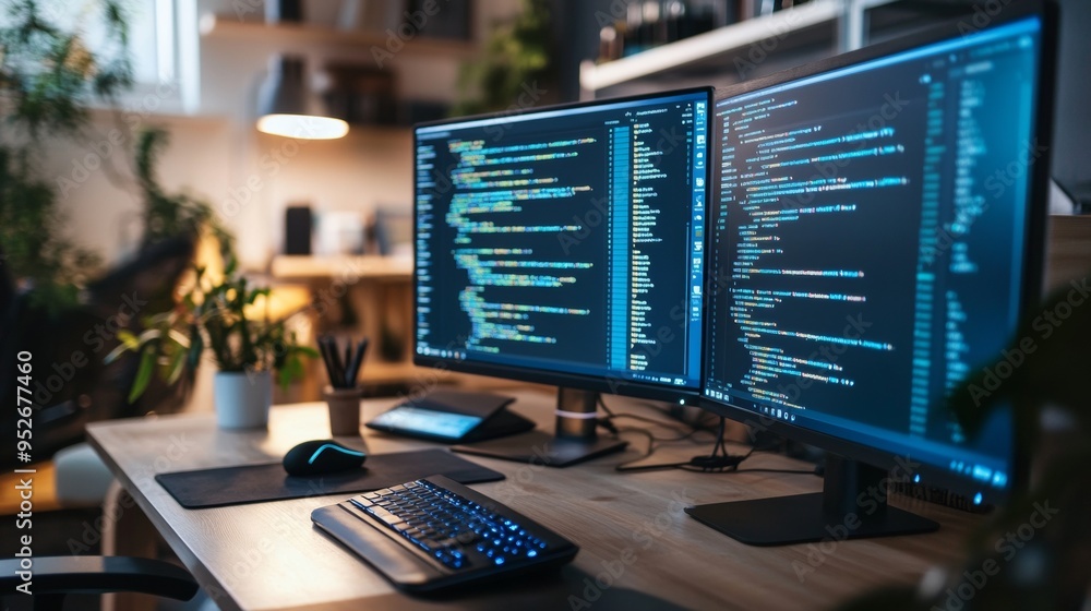 Neon-lit workspace with dual monitors showing responsive web design coding environment Neon-lit workspace with dual monitors showing responsive web design coding environment