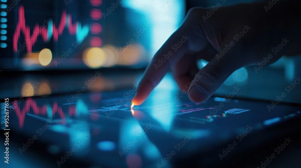 A person's finger touching a tablet screen displaying financial graphs, indicating market analysis or investment tracking, illuminated by colorful digital data in a dark room. A person's finger touching a tablet screen displaying financial graphs, indicating market analysis or investment tracking, illuminated by colorful digital data in a dark room.