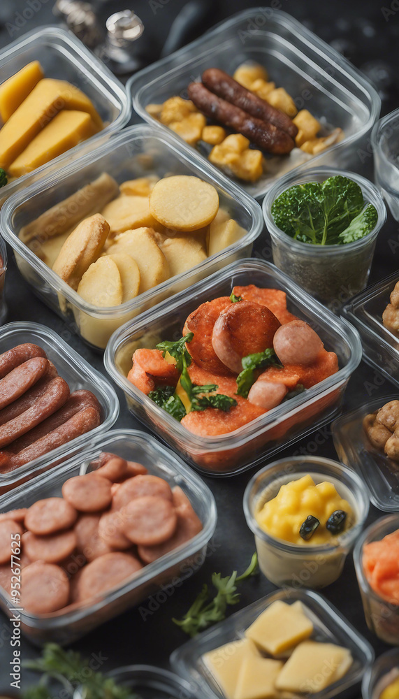 Meal prep containers with salad salmon fruit polenta cookies sausage vegetables potatoes and snacks Meal prep containers with salad salmon fruit polenta cookies sausage vegetables potatoes and snacks