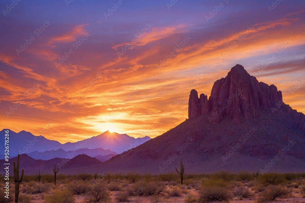 Majestic sunset over rugged mountain range in desert Majestic sunset over rugged mountain range in desert