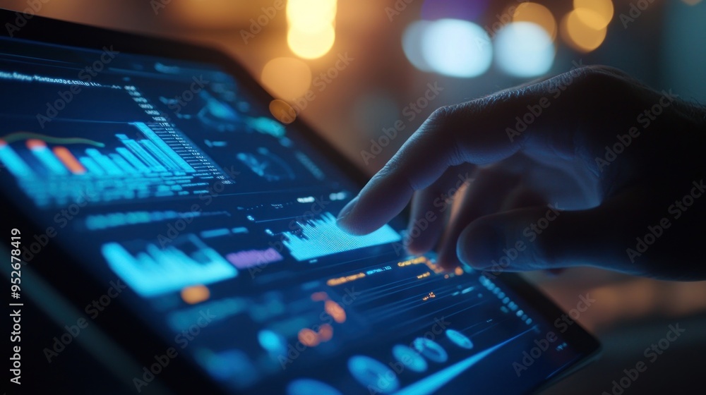 A person's hand interacting with a tablet displaying various colorful charts and graphs against a blurred background, suggesting data analysis or financial activity. A person's hand interacting with a tablet displaying various colorful charts and graphs against a blurred background, suggesting data analysis or financial activity.
