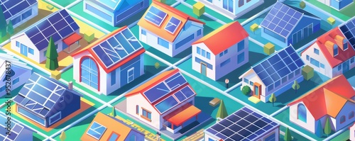 Colorful aerial view of a modern residential neighborhood with solar panel rooftops, highlighting sustainable living and renewable energy.