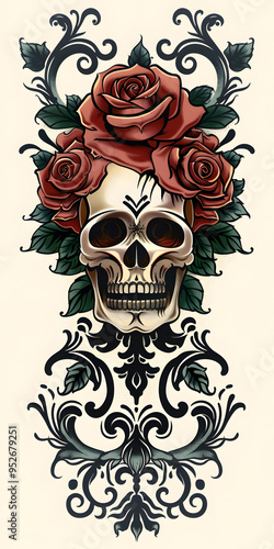 Tribal Skull and Roses Tattoo symmetry very simple traditional tattoo flash styles illustration