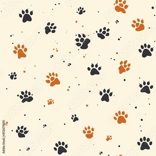 A playful pattern of black and orange paw prints on a light background.