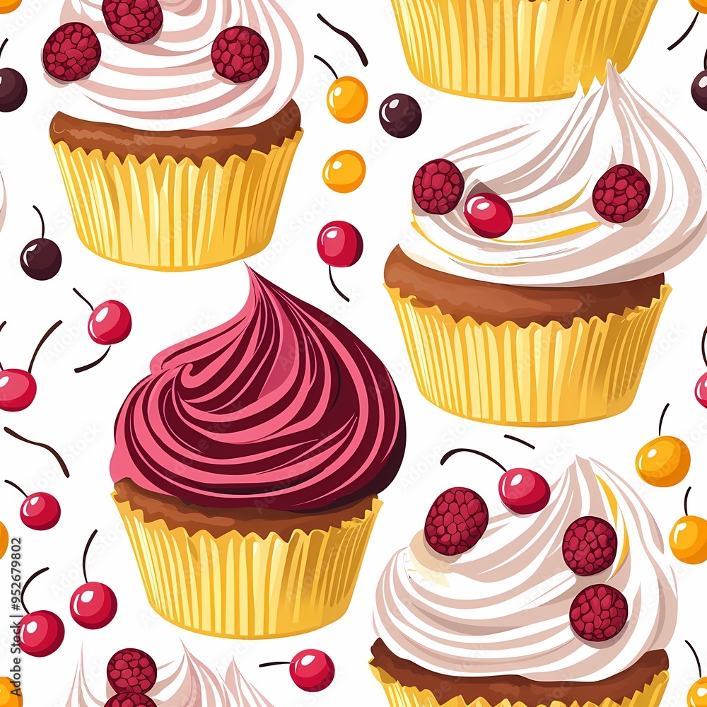 Vibrant and playful pattern of colorful cupcakes with creamy frosting. Vibrant and playful pattern of colorful cupcakes with creamy frosting.
