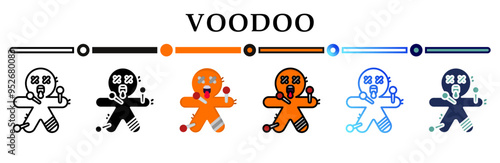 Collection of voodoo doll icons variety of styles. Representing halloween festive or spooky themes. Ritual object for witchcraft, magic and casting spells or damage to a person. 