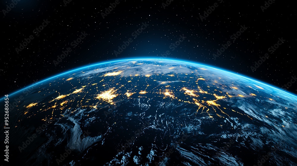 Obraz premium A stunning view of Earth from space, showcasing vibrant lights and swirling clouds against the backdrop of the vast universe.