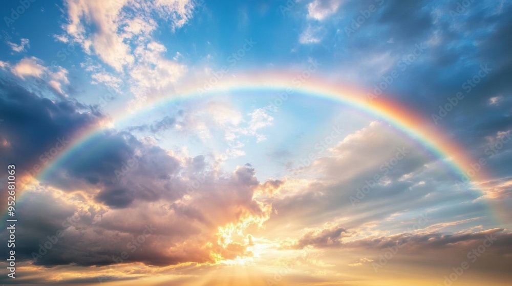 Rainbow arching across a cloudy sky after a rainstorm Rainbow arching across a cloudy sky after a rainstorm