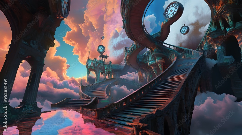 Surreal dreamscape with impossible architecture melting clocks and ...