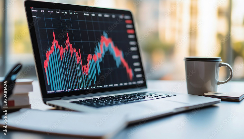 Stock market chart displaying on laptop screen at businessman's desk Stock market chart displaying on laptop screen at businessman's desk