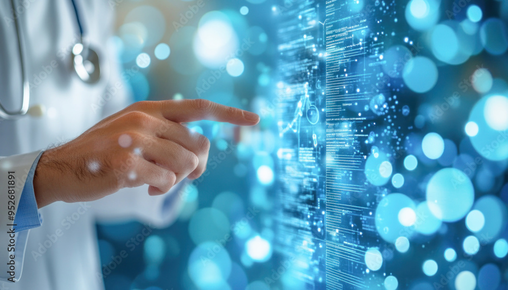 Doctor pointing at digital screen with medical data in futuristic interface Doctor pointing at digital screen with medical data in futuristic interface