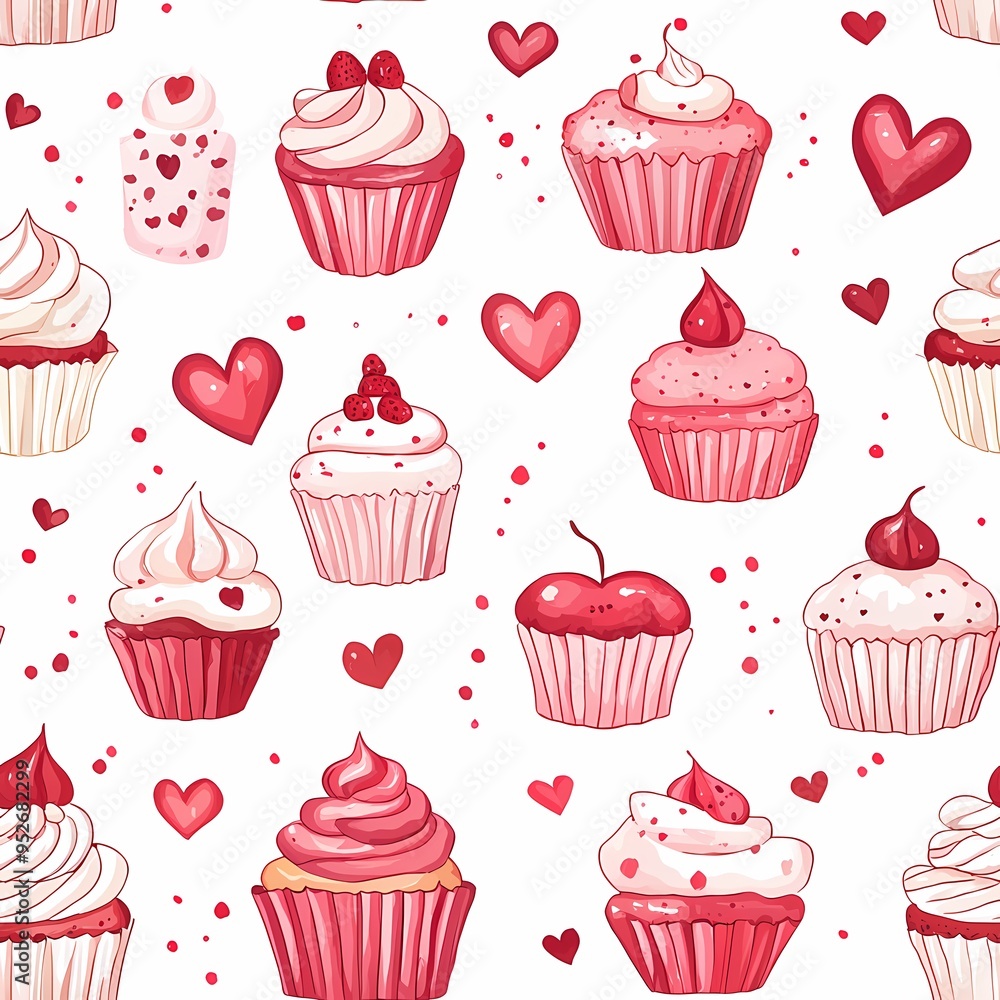 Colorful cupcakes and hearts pattern on a white background. Colorful cupcakes and hearts pattern on a white background.